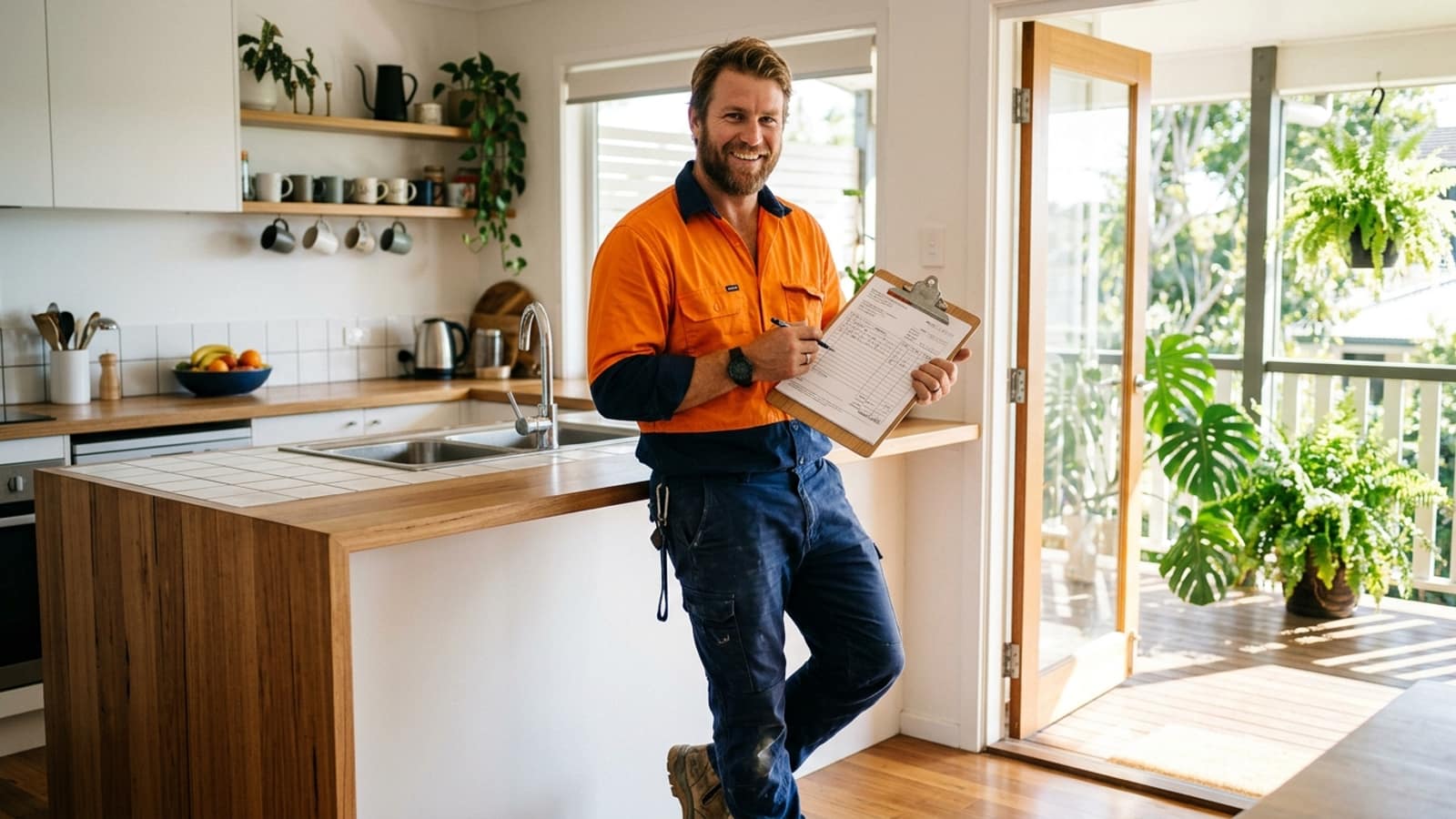 An Australian tradesman in high-visibility workwear holding a clipboard with an itemised quote sheet in a suburban Australian home kitchen.