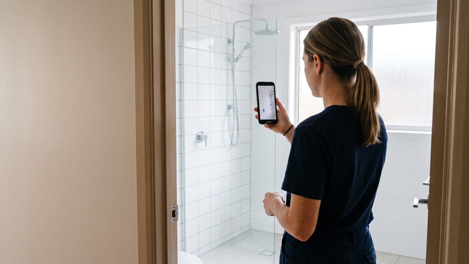An Australian tiler filming a newly tiled shower from the bathroom doorway, holding her phone upright for a vertical video.