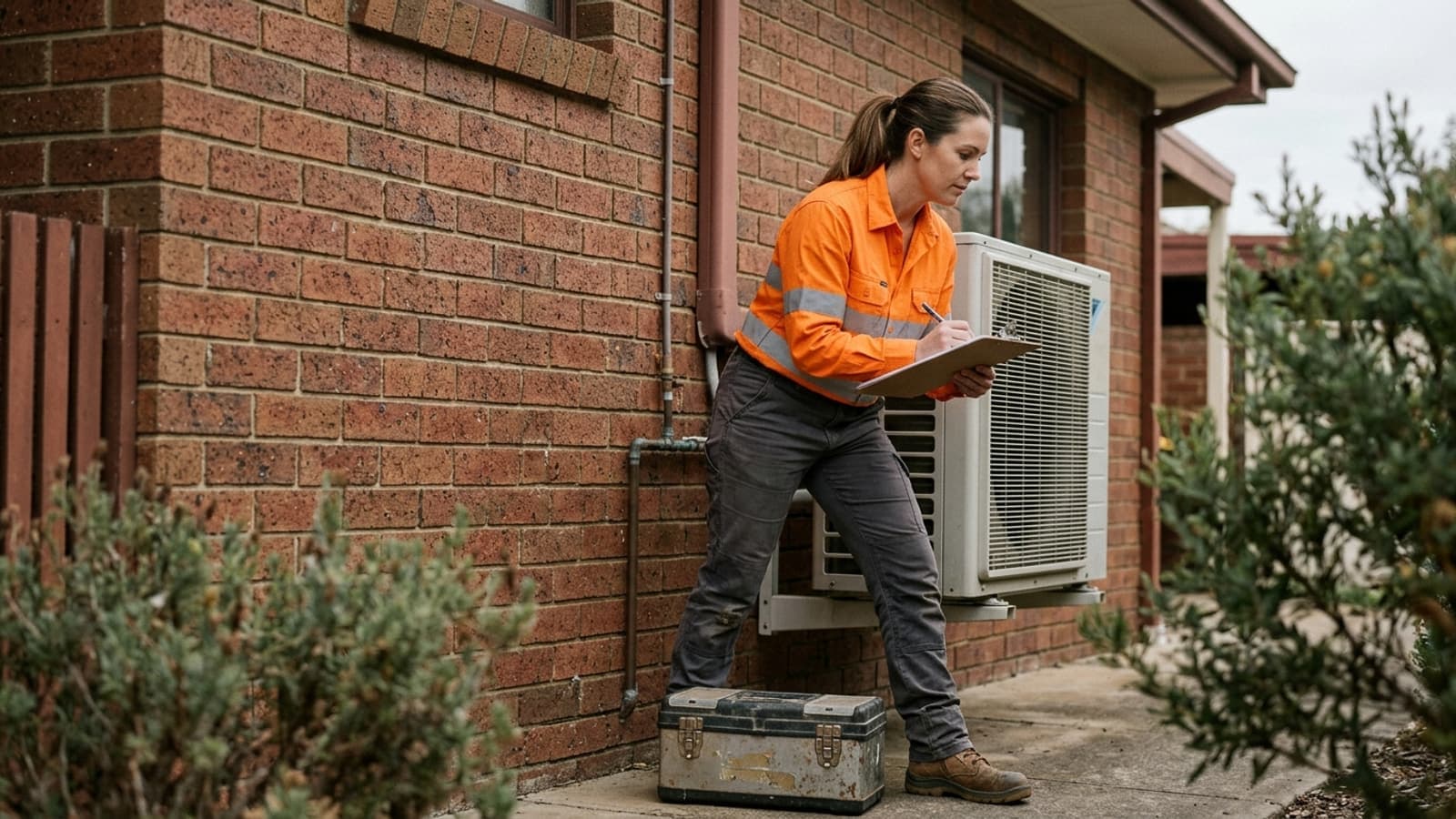 An Australian tradeswoman in hi-vis workwear inspecting an outdoor ducted air conditioning unit beside a suburban brick home with a clipboard.