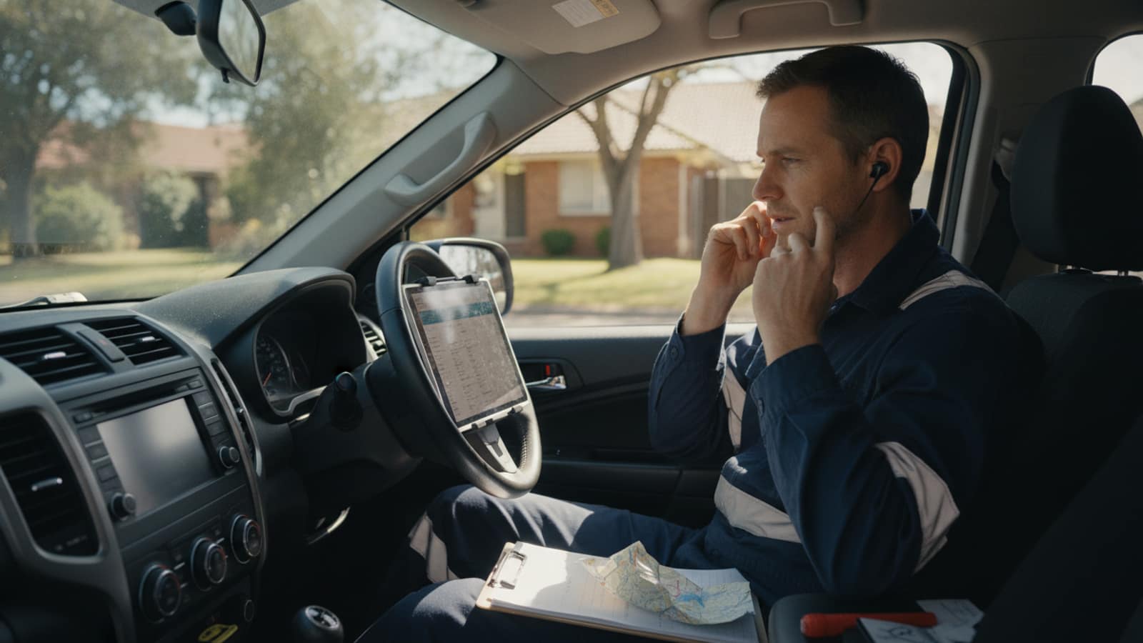 An Australian tradesman contractor in navy workwear inside his work ute reviewing customer reactivation jobs on a tablet while taking a call.
