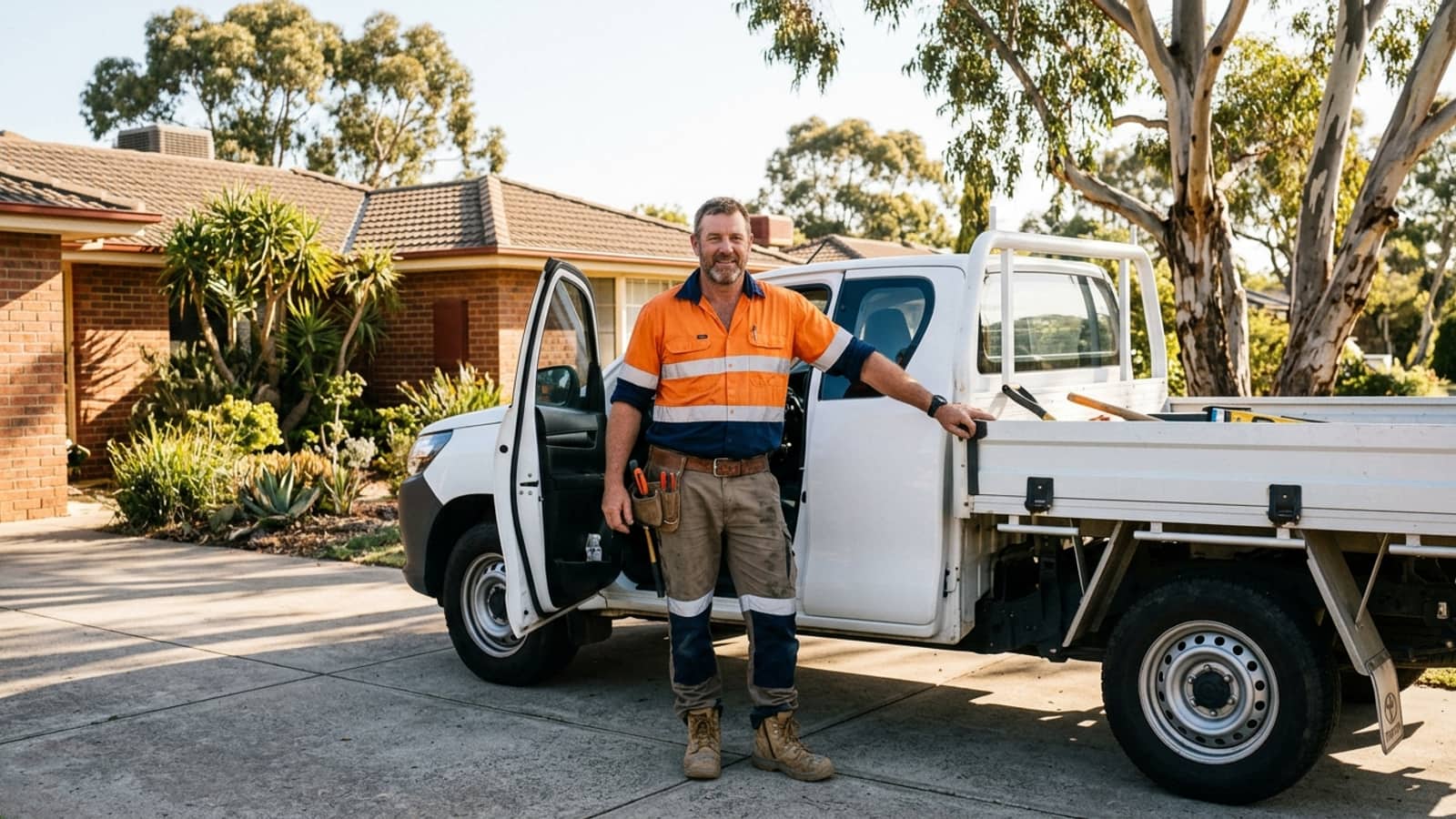 Australian tradesman in a hi-vis work shirt standing beside his white trade ute in a sunny residential driveway.