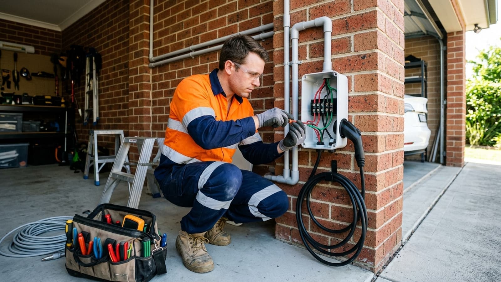 An Australian electrician in hi-vis PPE installing and wiring an EV wall charger in a modern suburban home garage.