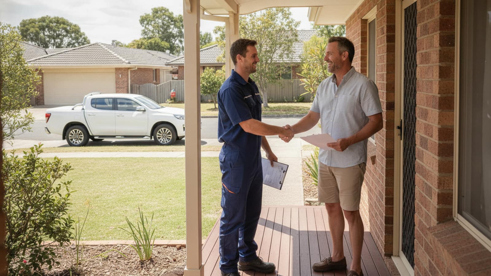 A friendly Australian tradesman electrician in navy workwear having a warm handover conversation with a suburban homeowner on their front porch.