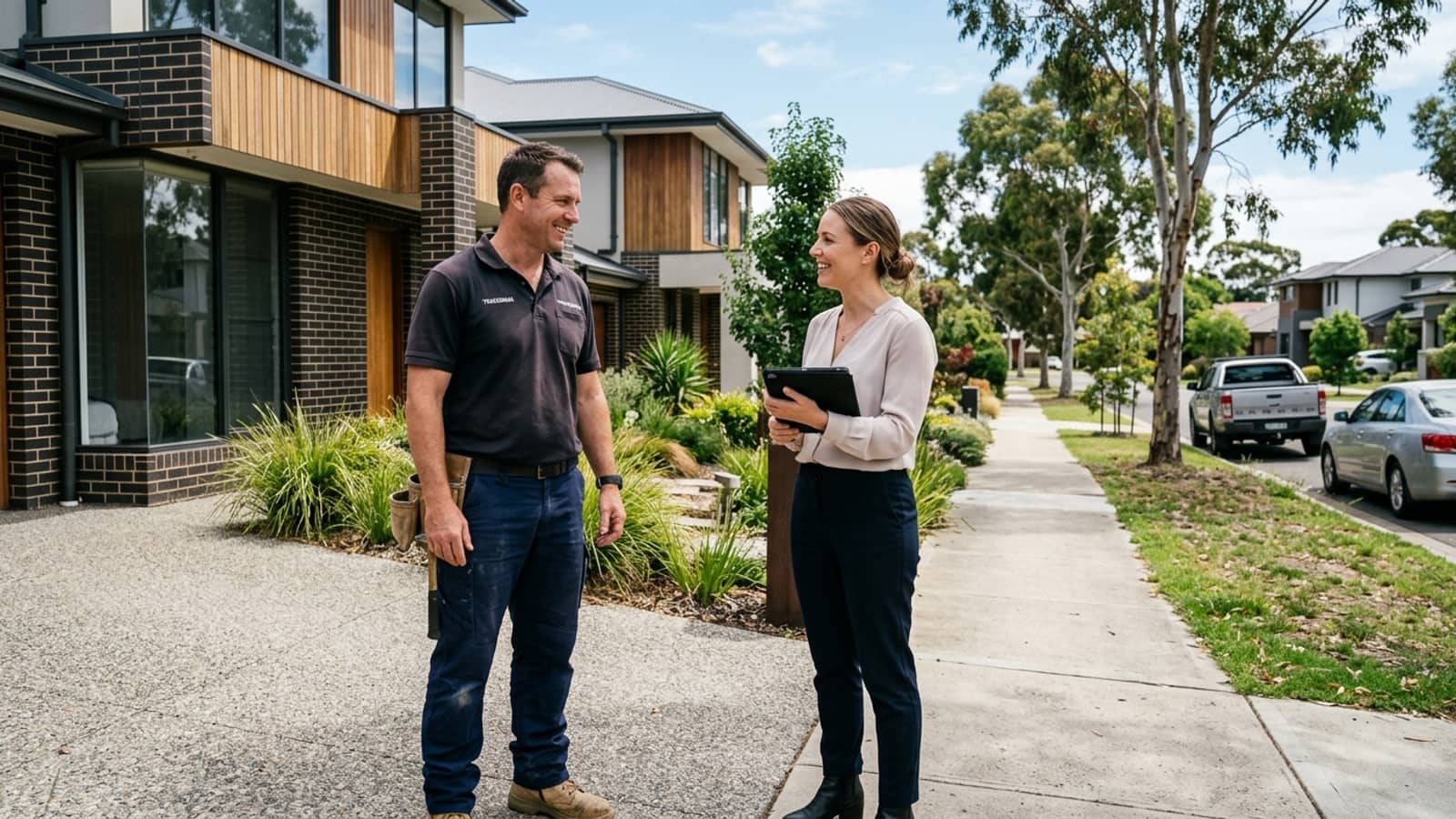 A professional Australian tradesperson in work uniform speaking with a real estate property manager holding a digital tablet outside a modern residential property.