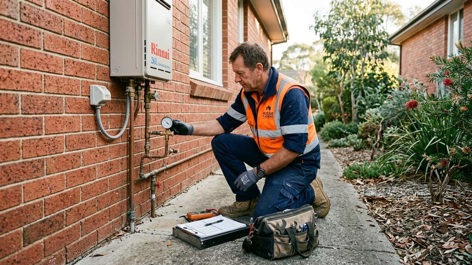 An Australian plumber in hi-vis and navy workwear kneeling beside a residential continuous flow hot water system in Sydney testing water pressure with a gauge and diagnostic kit.