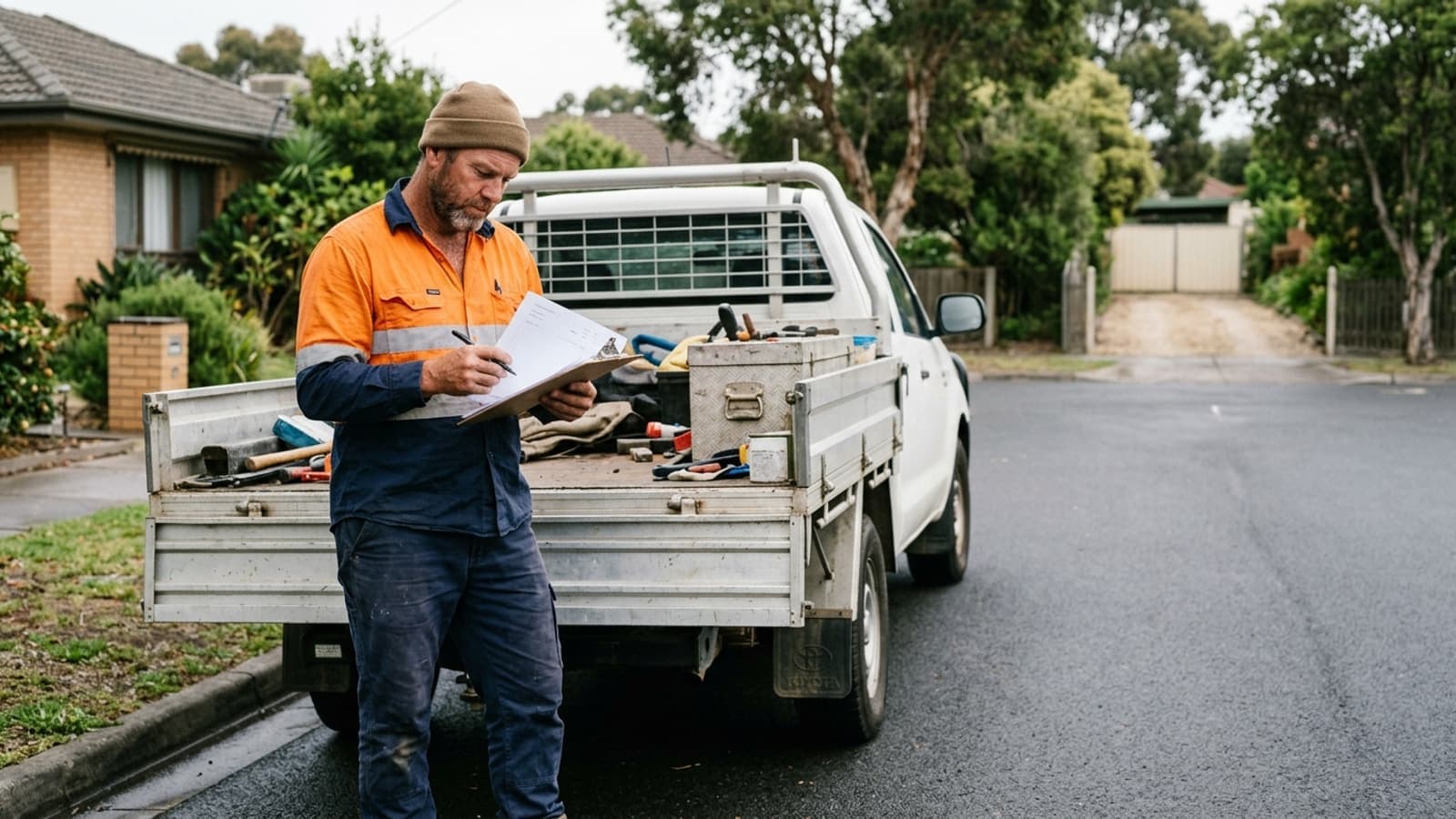 An Australian tradesman standing by the tailgate of his work ute on a suburban job site reviewing a clipboard in the morning light.