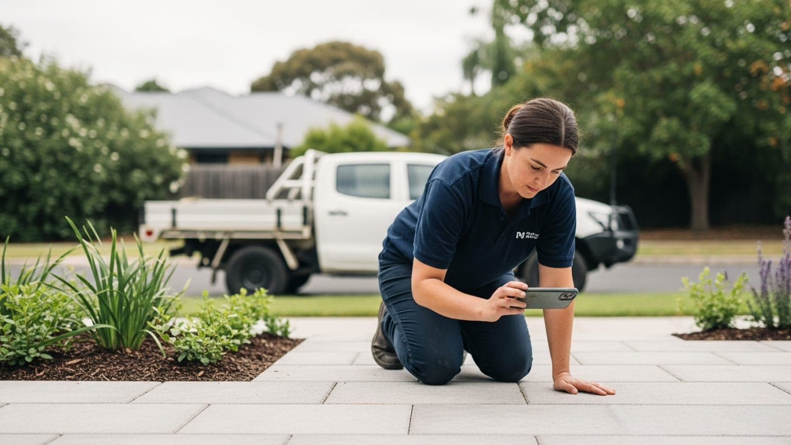 A female Australian landscaper on a finished backyard job photographing the completed work with her phone in soft daylight.