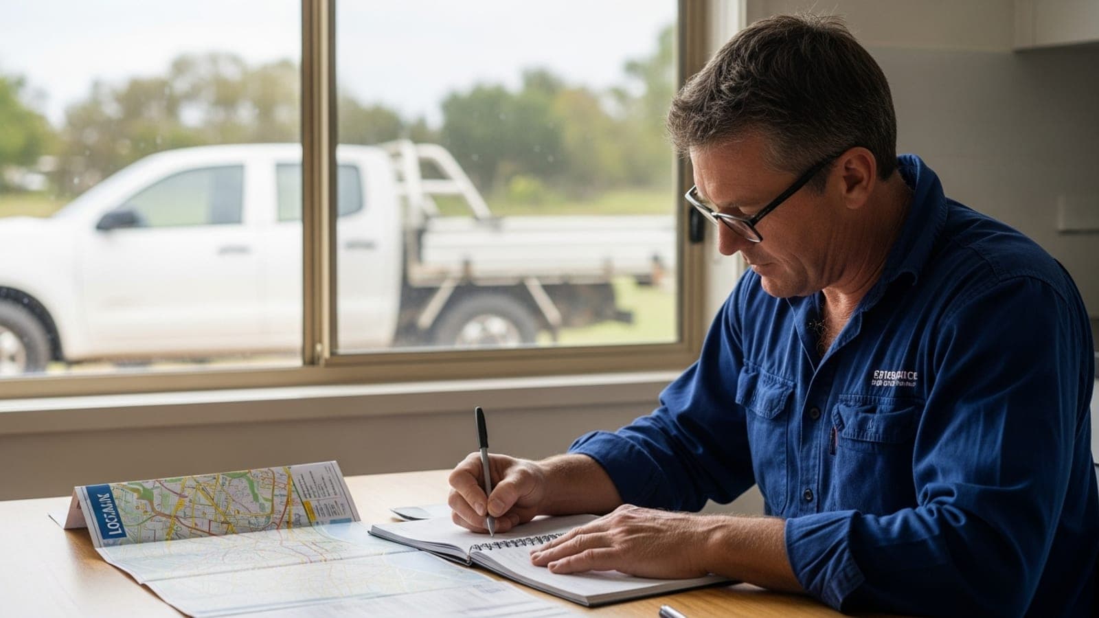 An Australian electrician at a kitchen table with a notebook listing service and suburb search phrases, ute parked outside.