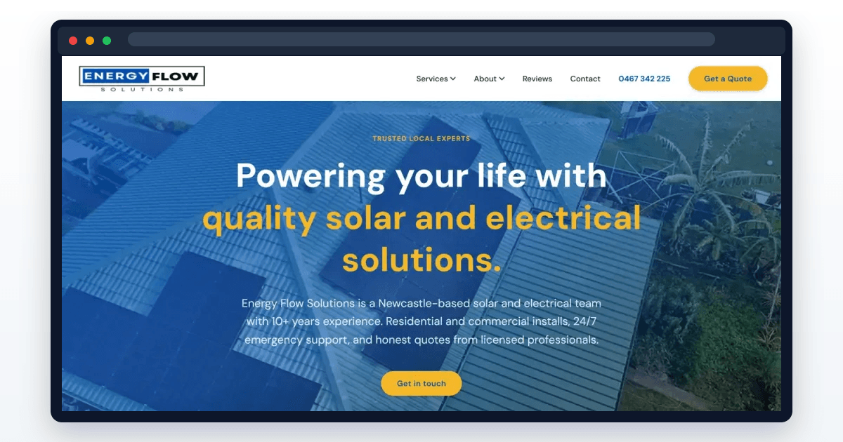 Browser window showing a Made 4 Tradies client website homepage with trade headline, navigation to services and contact, and call and quote buttons.