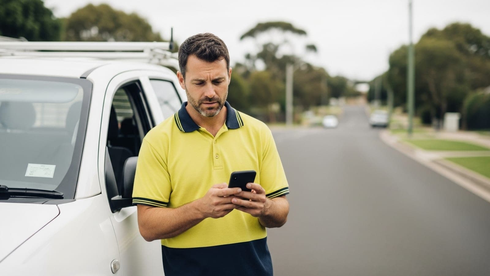 An Australian tradesman in a hi-vis polo standing by his work ute on a quiet suburban street, checking his phone as the referral work goes quiet.