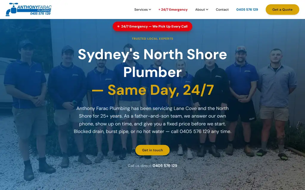 Anthony Farac Plumbing website desktop