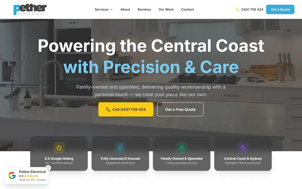 Pether Electrical mobile and desktop website preview