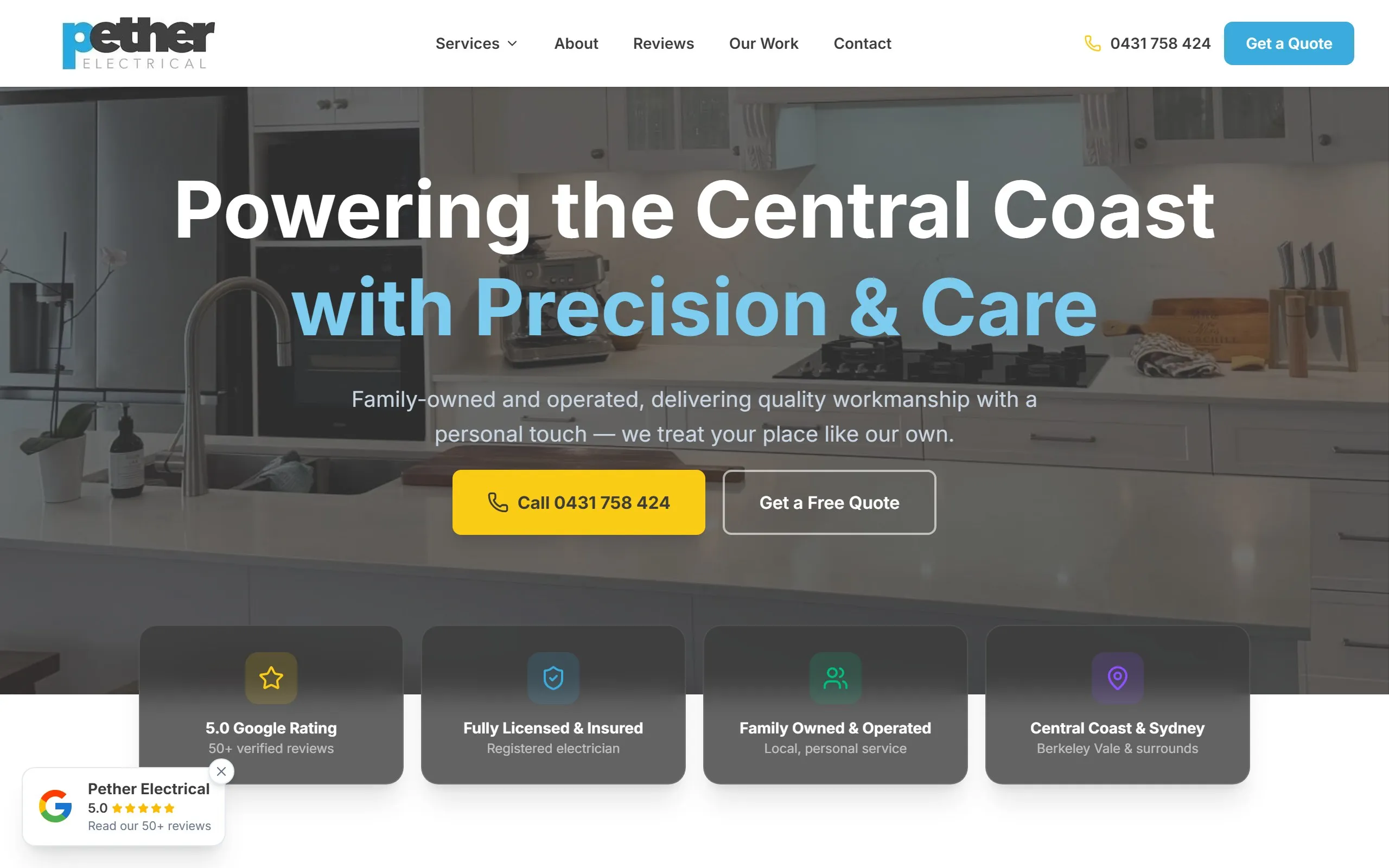 Pether Electrical mobile and desktop website preview