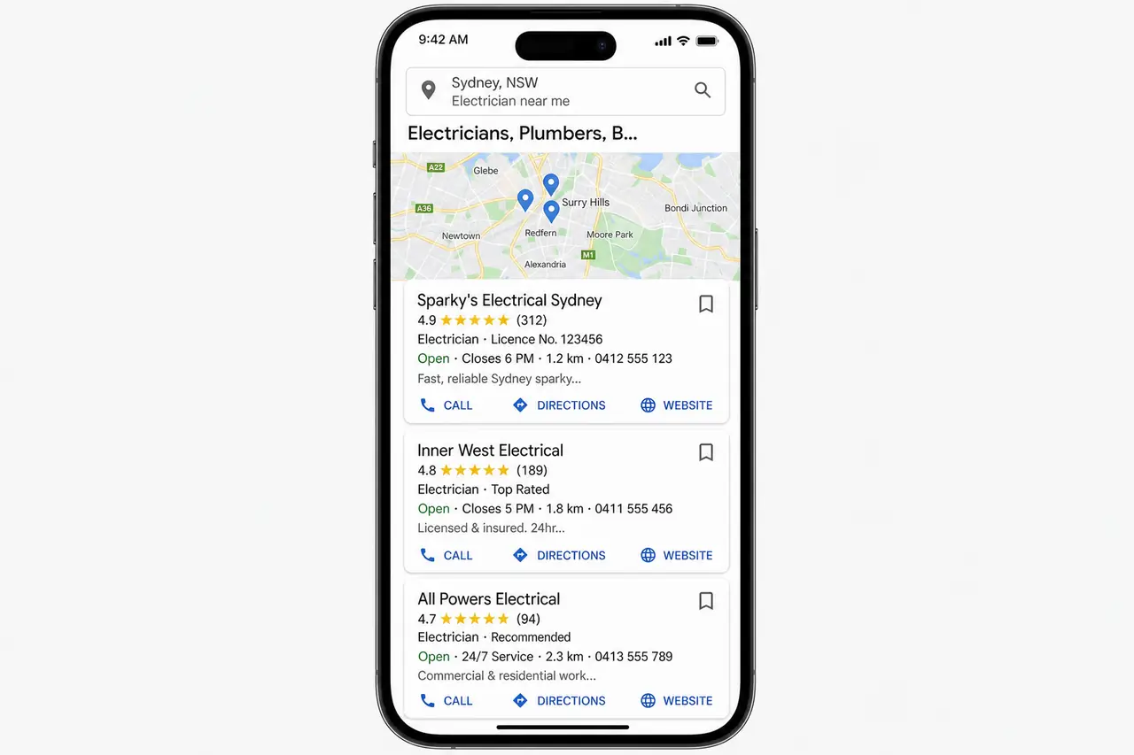 Google Maps local 3-pack showing electricians in Sydney, the top three positions every tradie is competing for.