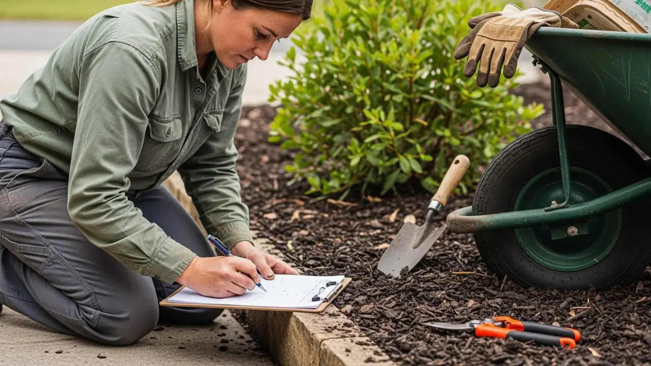 An Australian landscaper kneeling at a freshly mulched garden bed, writing a job quote on a clipboard beside her wheelbarrow and tools.