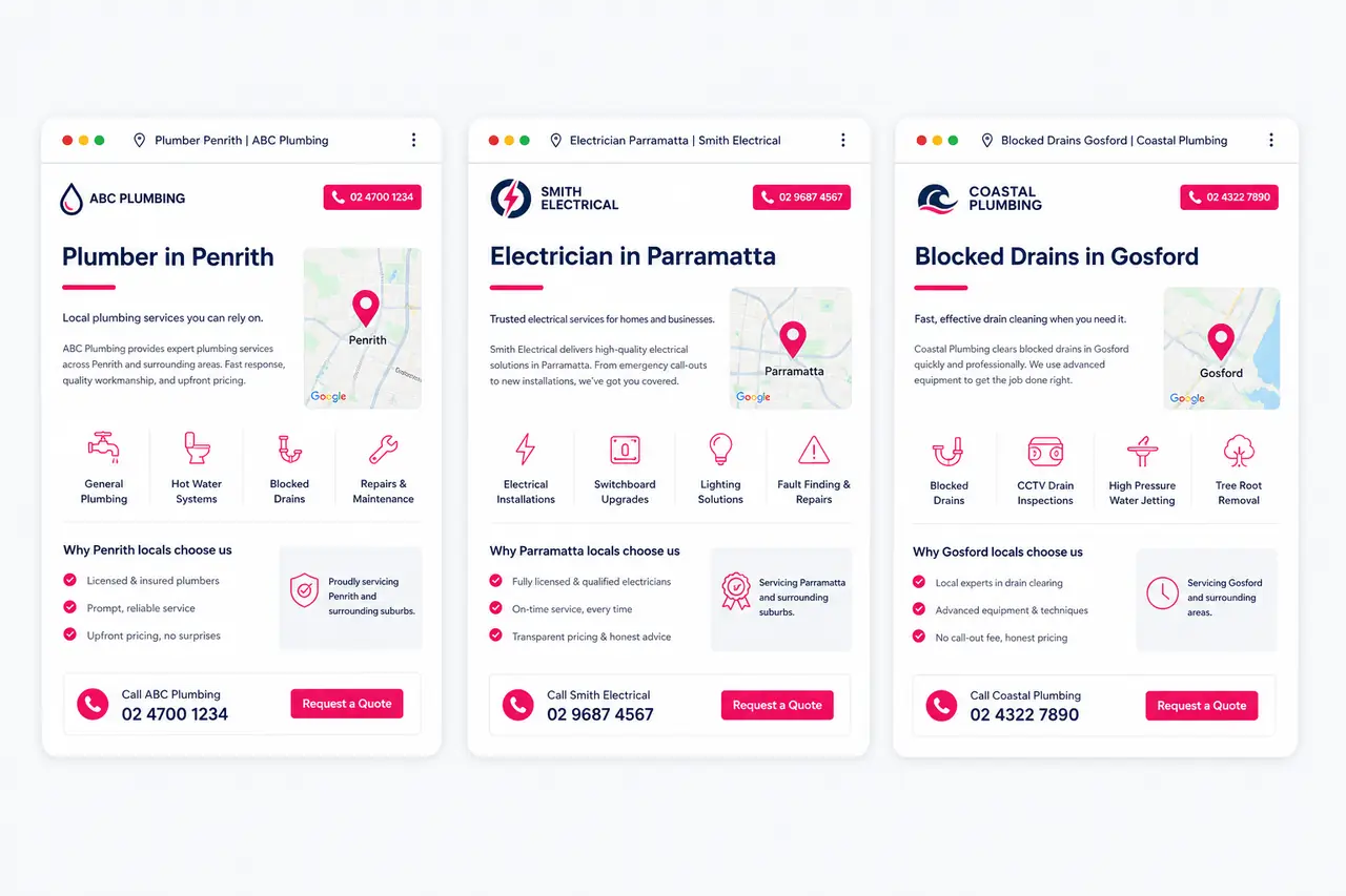 Three suburb landing page mockups for Penrith, Parramatta, and Gosford, the page type tradies use to rank for local searches.