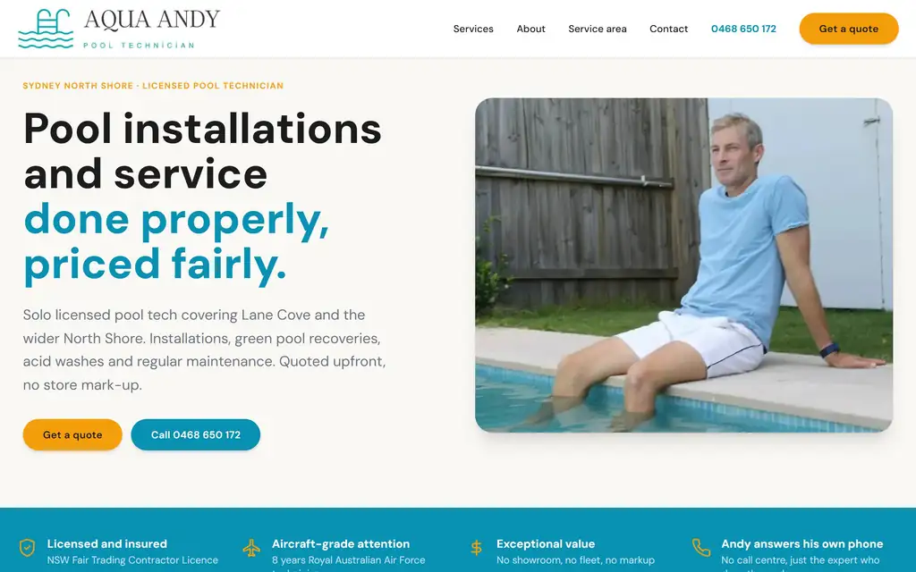Example pool cleaning website on mobile, tablet, and desktop desktop
