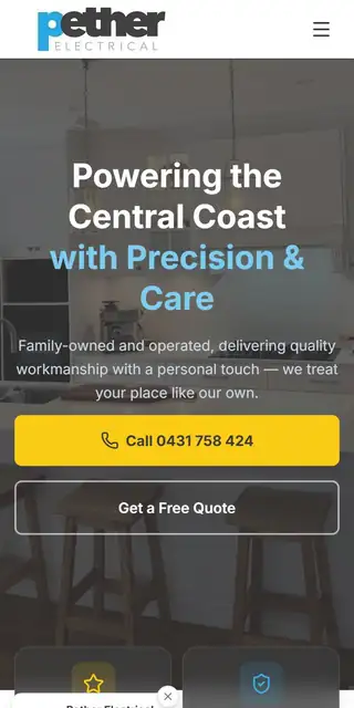 Pether Electrical website preview mobile